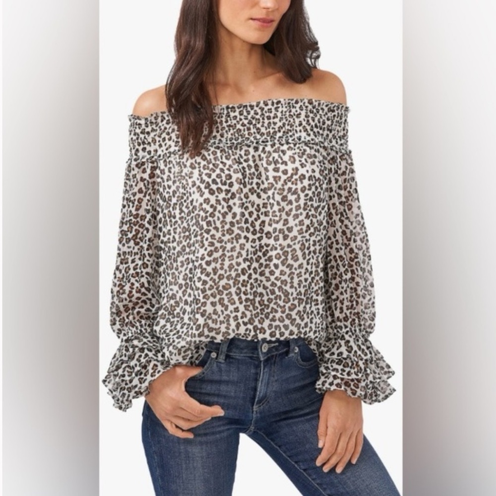 10 CeCe Leopard Print Ruffle Blouse XS Black & White Sheer Statement Top